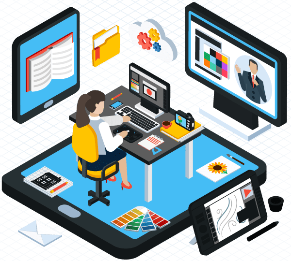 Diseñador gráfico creando contenidos e-learning a medida en su puesto de trabajo con diferentes herramientas.