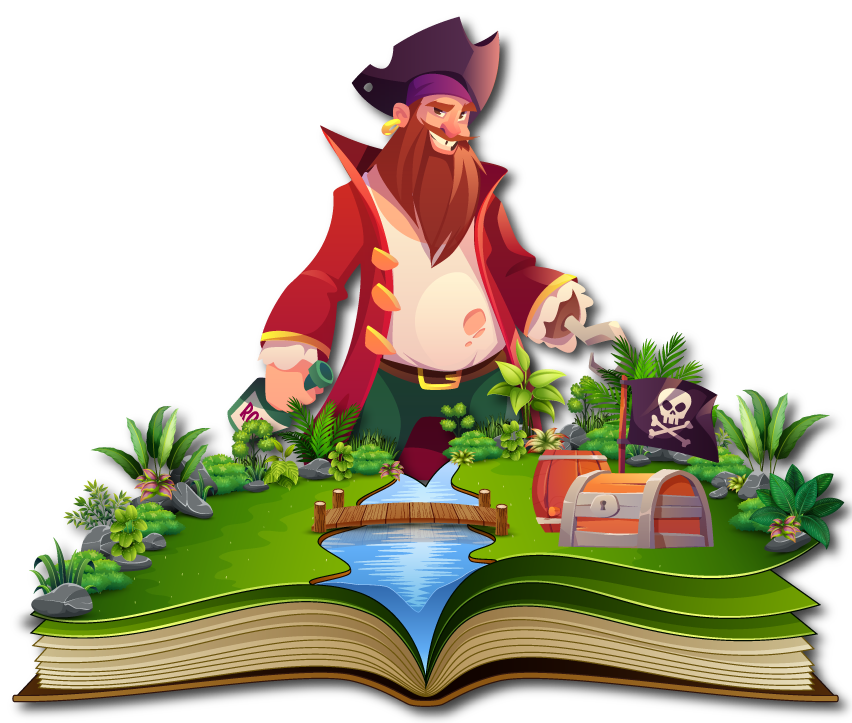 Ilustración para Storytelling: Un libro del que surge un rio, un tesoro y un pirata en la selva.